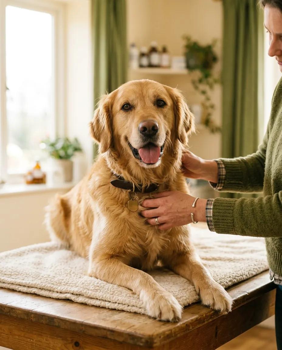 A happy golden retriever being examined by a veterinarian
